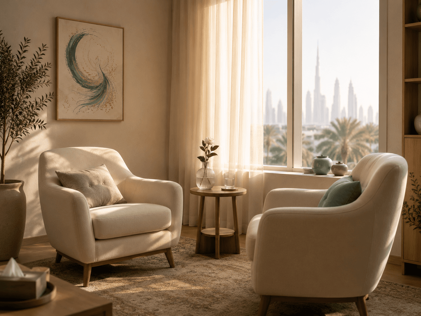 A warm, welcoming one-to-one counselling room in Dubai with soft natural light