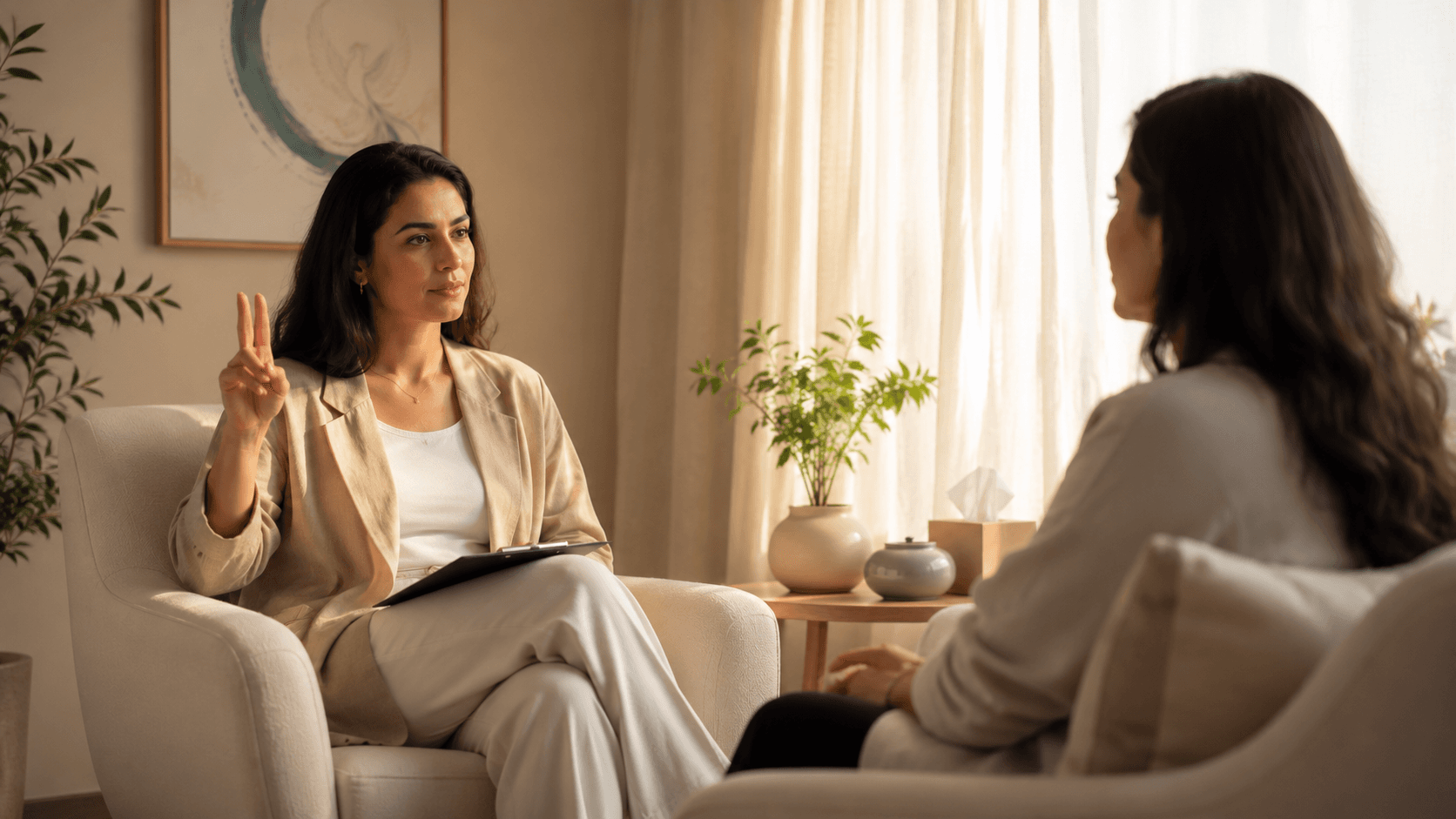 EMDR therapy session in Dubai, therapist guiding bilateral stimulation with a client in a calm, sunlit room