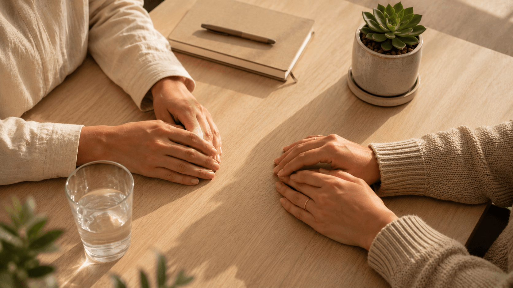 Trauma-informed care at Enliven, therapist and client hands resting near a notebook on a calm table