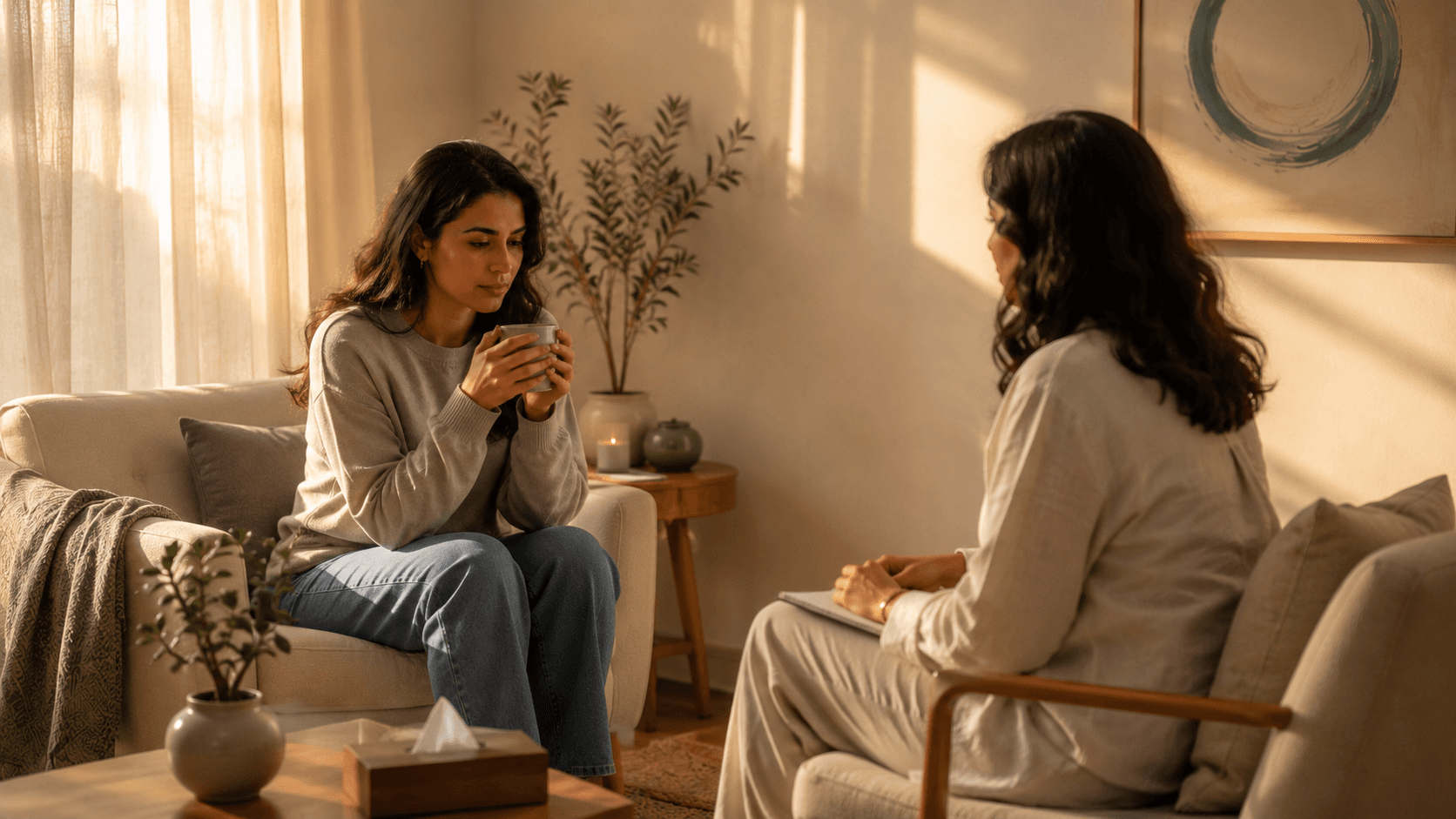 Trauma therapy session in Dubai, a client reflecting calmly with a therapist in a warm, safe room