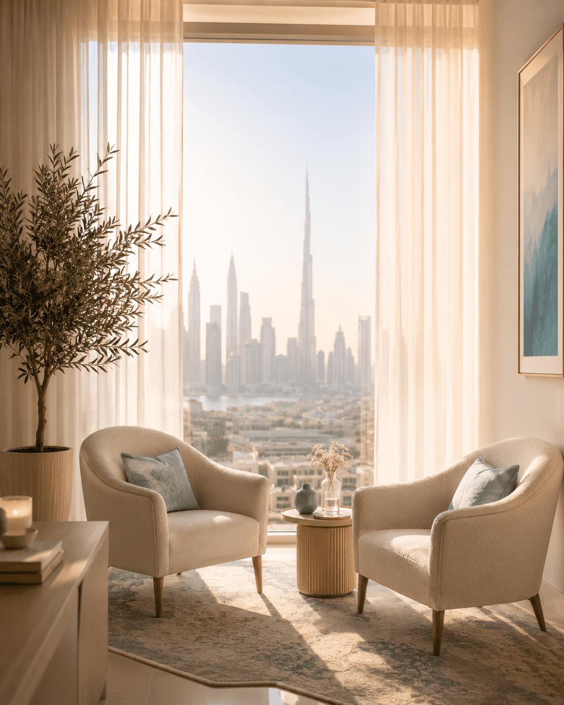 Calm therapy room, soft natural light, Dubai skyline through window, warm ivory and teal tones