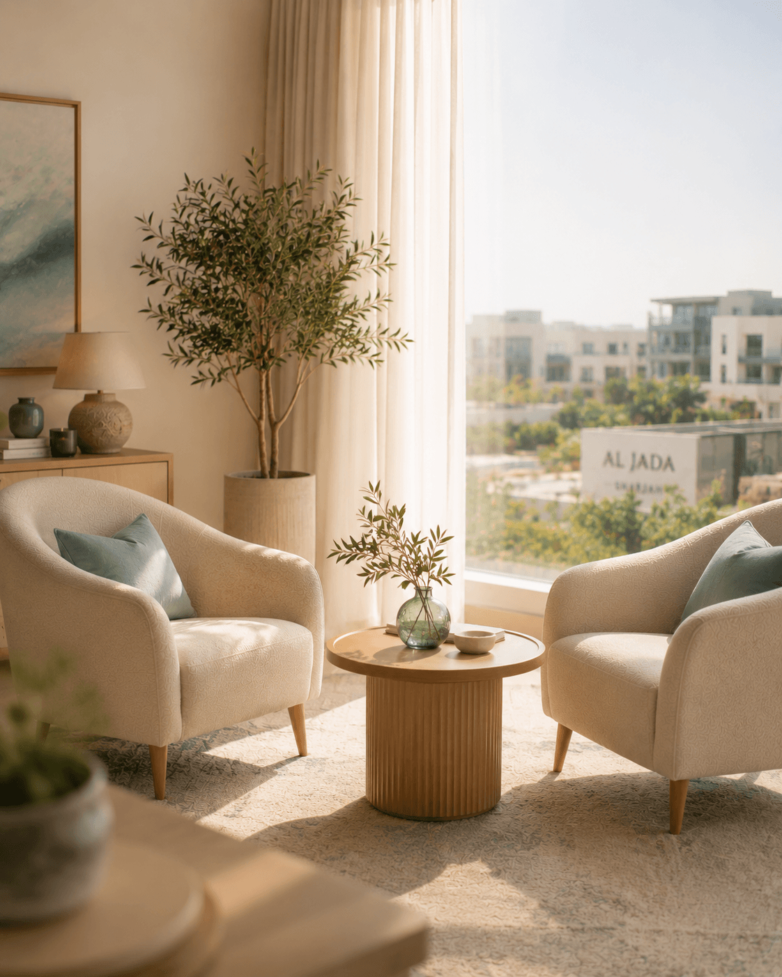 Warm counselling room with soft lighting, comfortable seating, calming teal and ivory palette