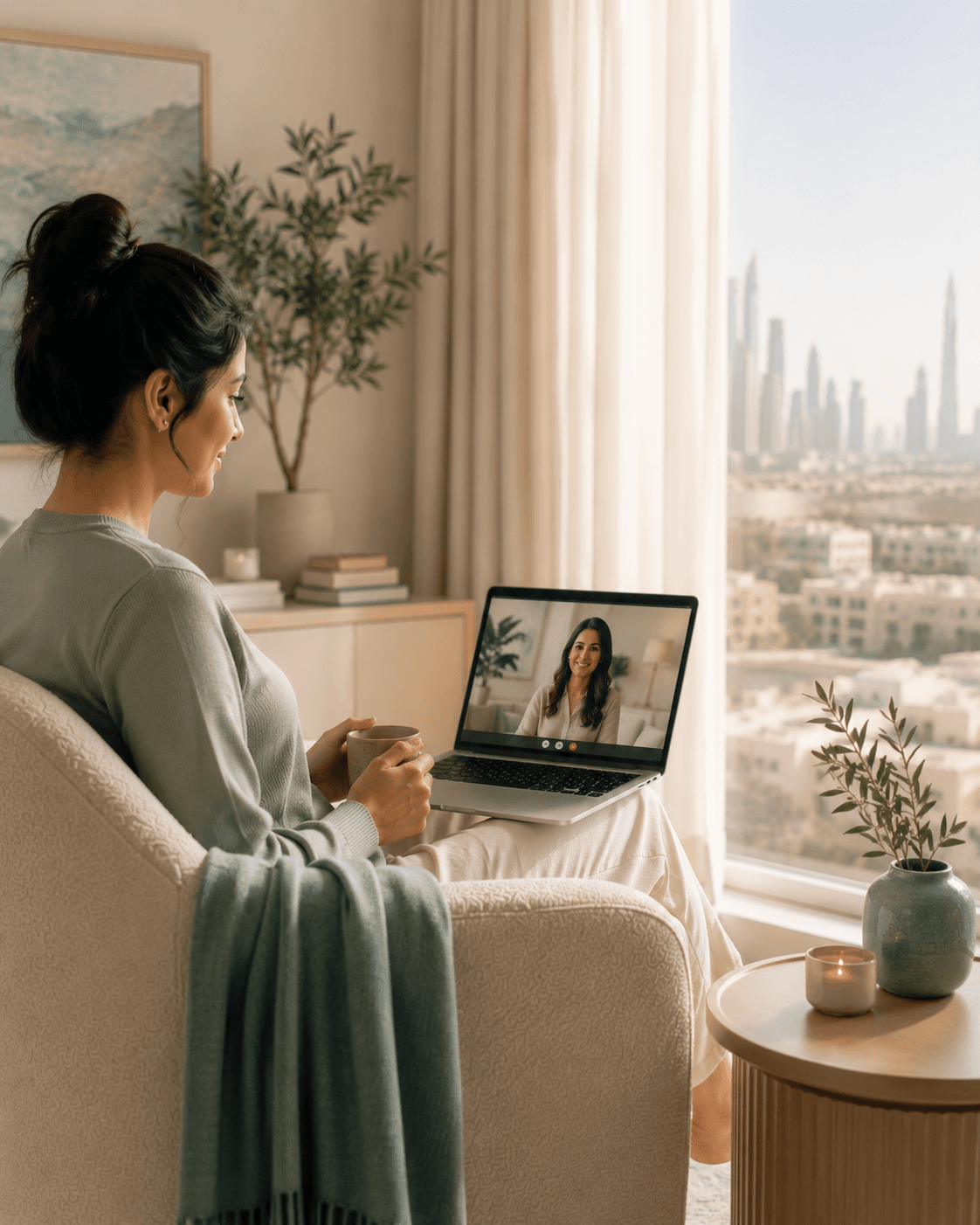 Person on a laptop in a calm, well-lit home setting, online therapy session in progress