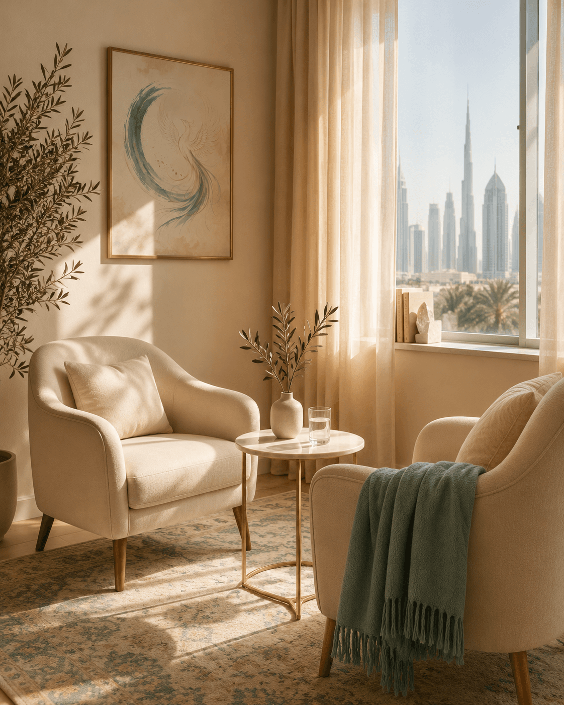 Warm therapy room, comfortable couch, ivory cushions, teal accent, no people